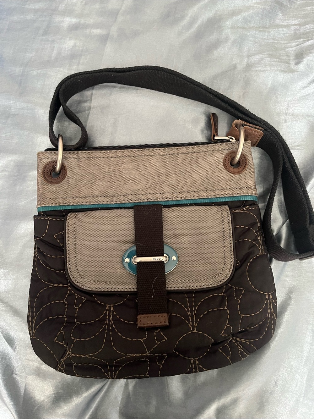 Fossil Brown and Beige Quilted Crossbody with Teal Trim